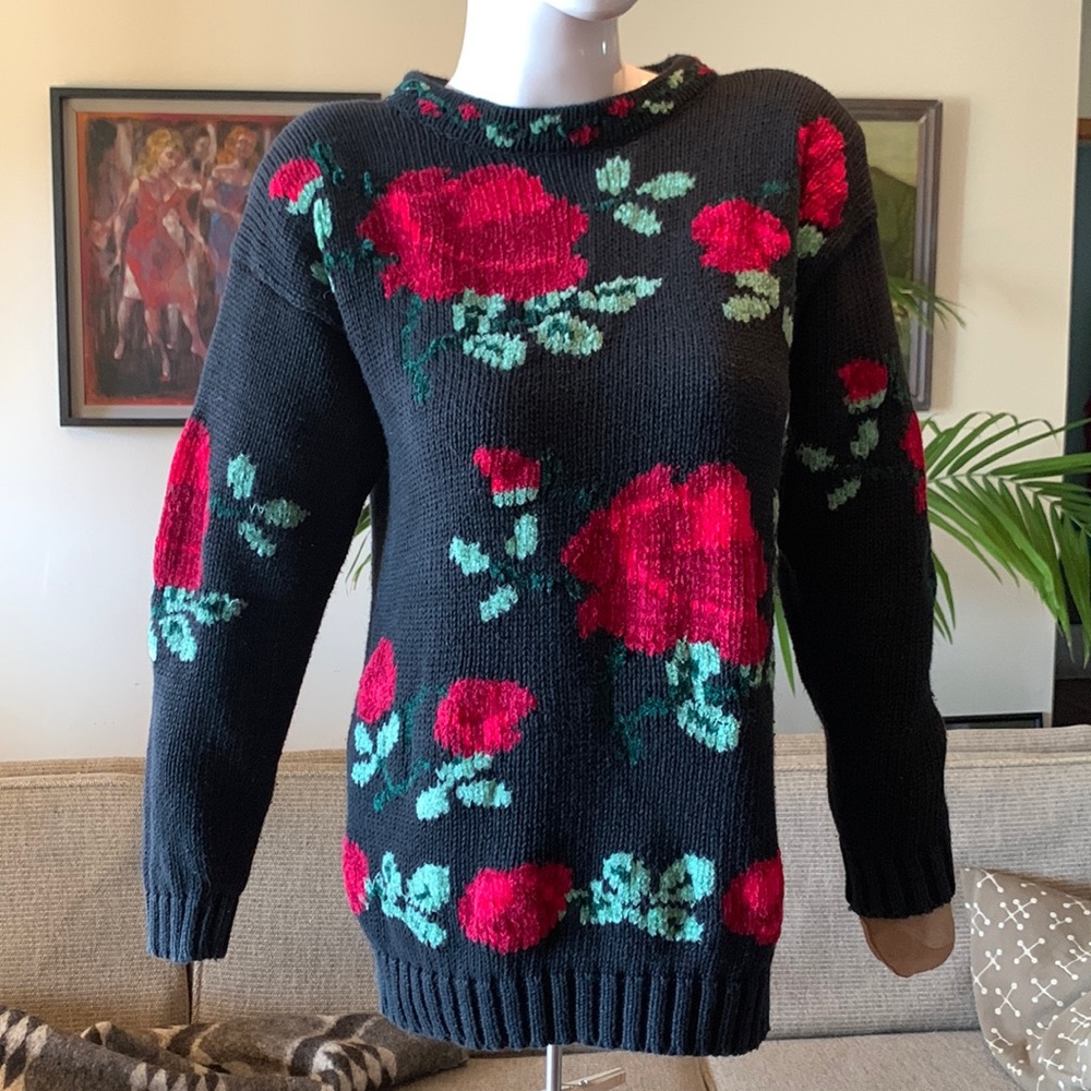80’s ROSES FLORAL SWEATER CHENILLE